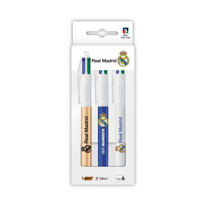 Bic 4 Colours Real Madrid CF Pack con 3 Boligrafos de Bola Retractil - 3 Diseños Diferentes - Punta Media de 1.0mm
