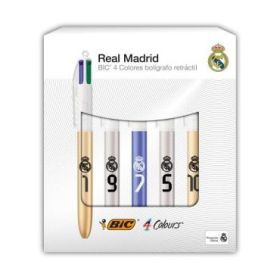 Bic 4 Colours Ed. Lujo Real Madrid CF Pack con 5 Boligrafos de Bola Retractil - 5 Diseños Diferentes - Punta Media de 1.0mm