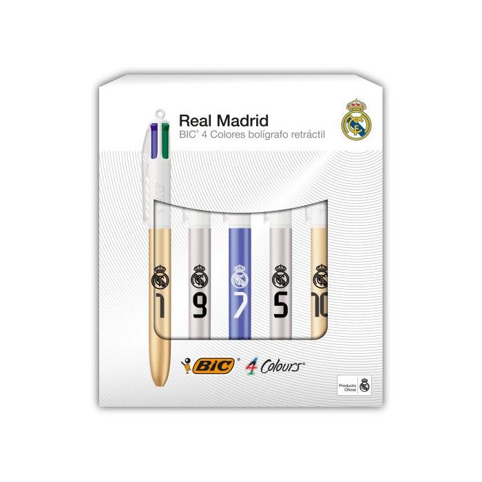 Bic 4 Colours Ed. Lujo Real Madrid CF Pack con 5 Boligrafos de Bola Retractil - 5 Diseños Diferentes - Punta Media de 1.0mm