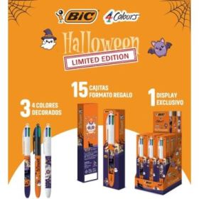 Bic 4 Colours Halloween Expositor con 15 Boligrafos de Bola Retractil - 3 Diseños Diferentes - En Caja Individual - Punta Media
