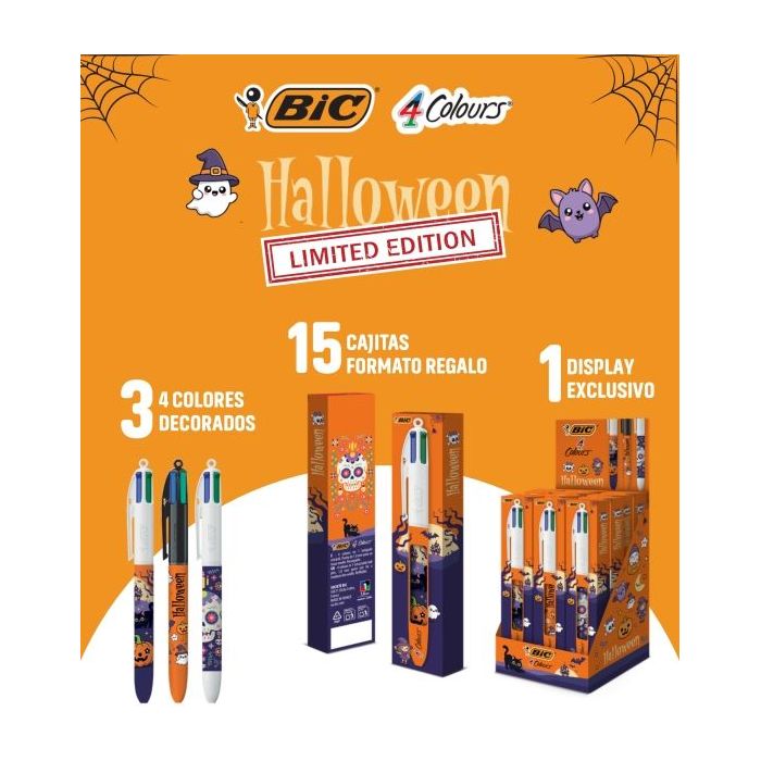 Bic 4 Colours Halloween Expositor con 15 Boligrafos de Bola Retractil - 3 Diseños Diferentes - En Caja Individual - Punta Media