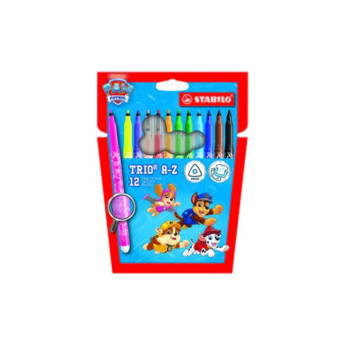Stabilo Trio A-Z Patrulla Canina Pack de 12 Rotuladores con Diseños de la Patrulla Canina - Punta Fina de Fibra - Trazo 0.7mm -