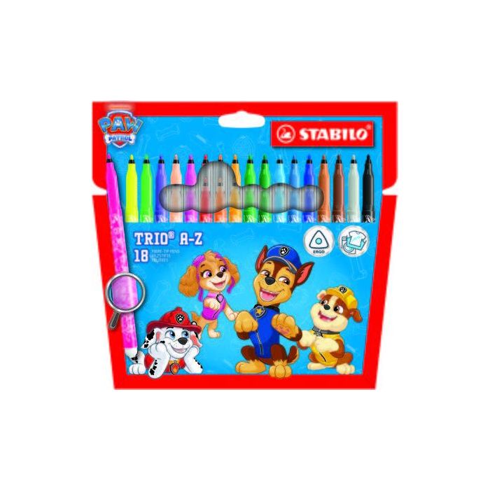 Stabilo Trio A-Z Patrulla Canina Pack de 18 Rotuladores con Diseños de la Patrulla Canina - Punta Fina de Fibra - Trazo 0.7mm -
