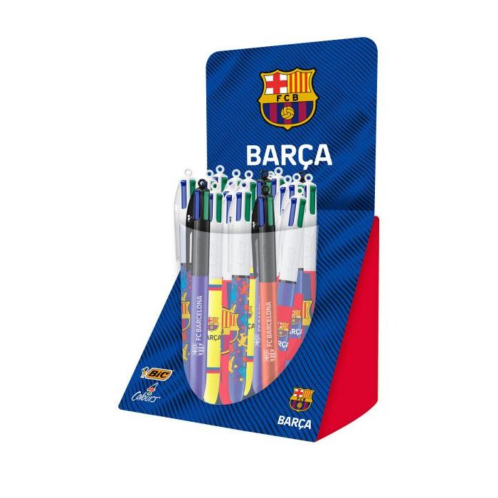 Bic 4 Colours Barça Expositor con 30 Boligrafos de Bola Retractil - 6 Diseños Diferentes - Punta Media de 1.0mm
