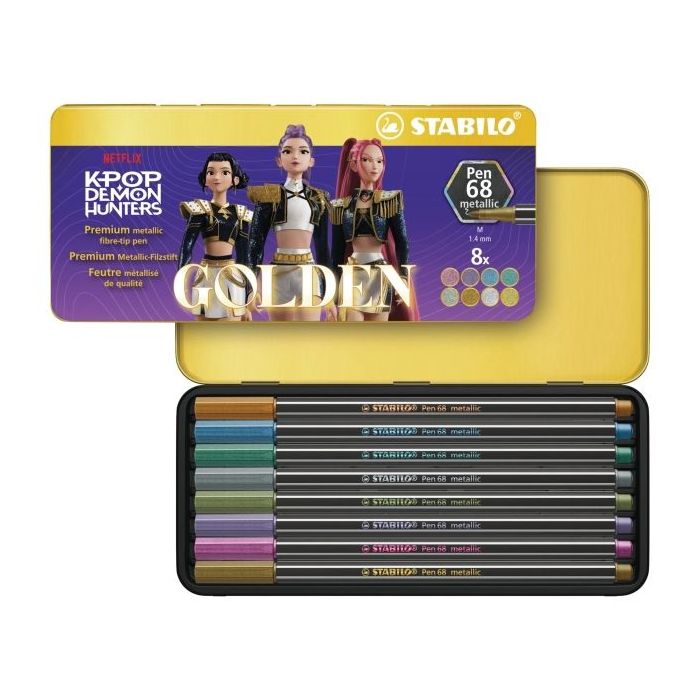 Stabilo Pen 68 Metallic K-Pop Demon Hunter Caja Metalica con 8 Rotuladores de Punta de Fibra - Trazo de 1mm aprox. - Tinta con B