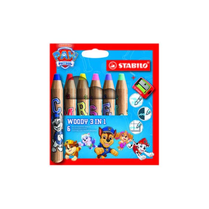 Stabilo Woody 3 en 1 Patrulla Canina Pack de 8 Lapices de Colores con Diseños de la Patrulla Canina + Sacapuntas - Lapiz de Colo