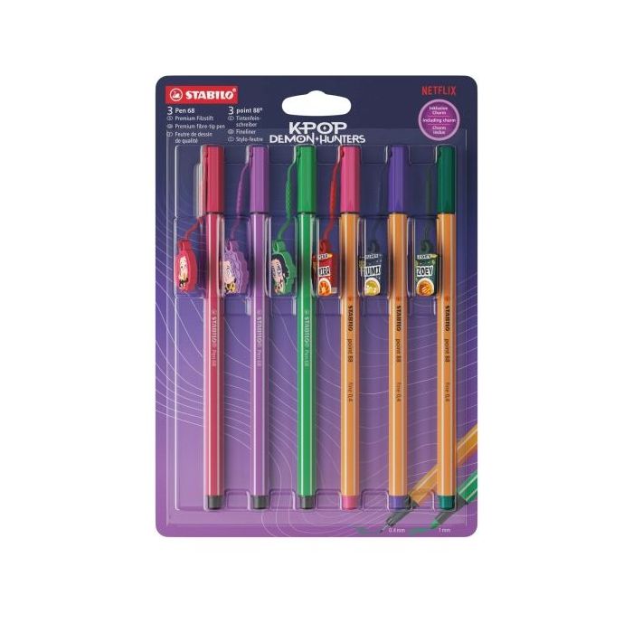 Stabilo Pen 68 y Point 88 K-Pop Demon Hunter Pack con 3 Rotuladores de Punta de Fibra Point 88 + 3 Rotuladores Pen 68 - Tinta co