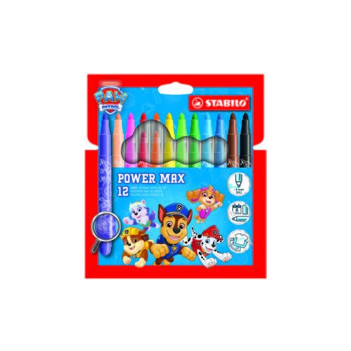 Stabilo Power Max Patrulla Canina Pack de 12 Rotuladores de Punta Gruesa con Diseños de la Patrulla Canina - Trazo 3mm - Tinta L