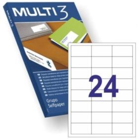 Multi3 Pack de 2.400 Etiquetas Rectangulares Tamaño 64,6x33,8mm - 100 Hojas por 24 Etiquetas - Adhesivo Permanente - Cantos Rect