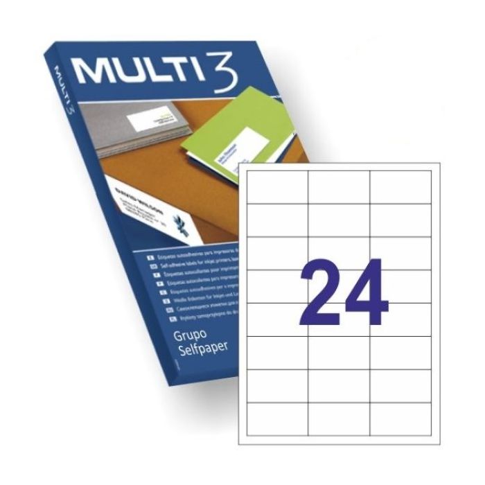 Multi3 Pack de 2.400 Etiquetas Rectangulares Tamaño 64,6x33,8mm - 100 Hojas por 24 Etiquetas - Adhesivo Permanente - Cantos Rect