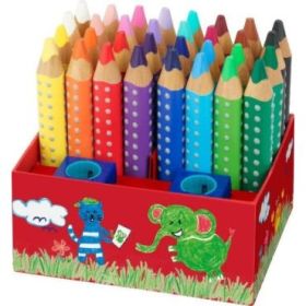 Faber-Castell Grippy Pack con 32 Lapices de Colores Gruesos Mina XXL Suave + 2 Sacapuntas - 2 Lapices por Color - Forma Triangul