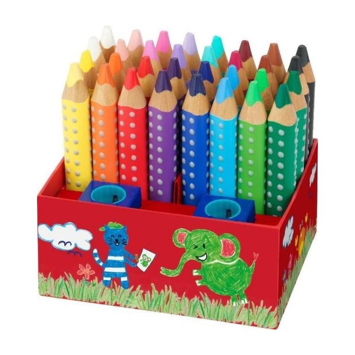 Faber-Castell Grippy Pack con 32 Lapices de Colores Gruesos Mina XXL Suave + 2 Sacapuntas - 2 Lapices por Color - Forma Triangul