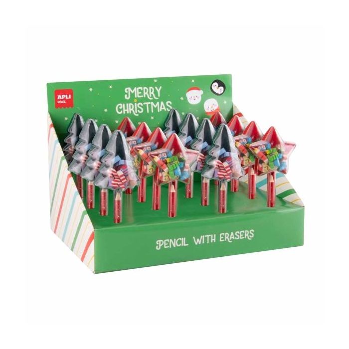 Apli Navidad Expositor con12 Packs de Lapices con Mini Gomas de Borrar - Diseños Navideños Diferentes
