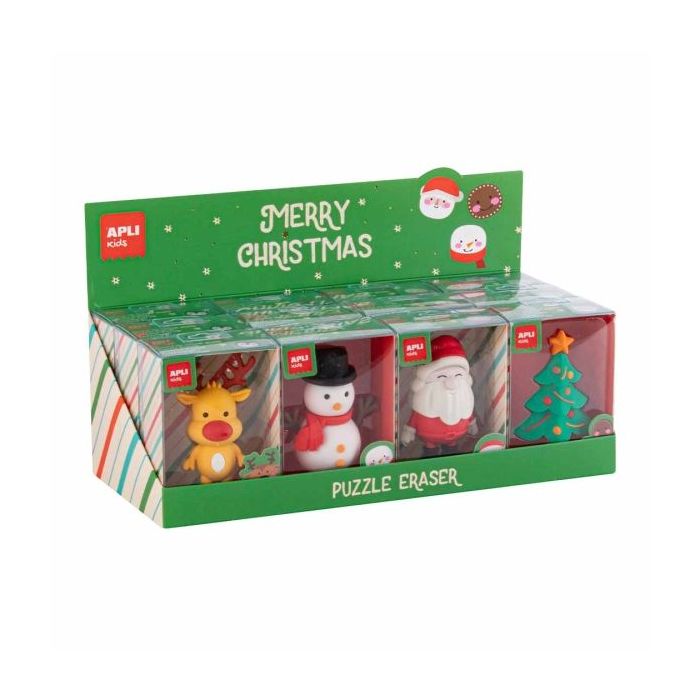 Apli Navidad Expositor con 12 Gomas de Borrar Maxi - 4 Diseños Navideños Diferentes - Formato Puzzle -