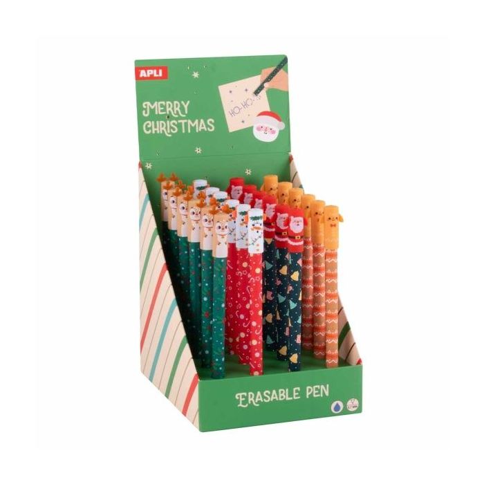 Apli Navidad Expositor con 24 Boligrafos de Tinta Gel Borrables - Trazo 0.7mm - 4 Divertidos Diseños Navideños - Tinta de Color