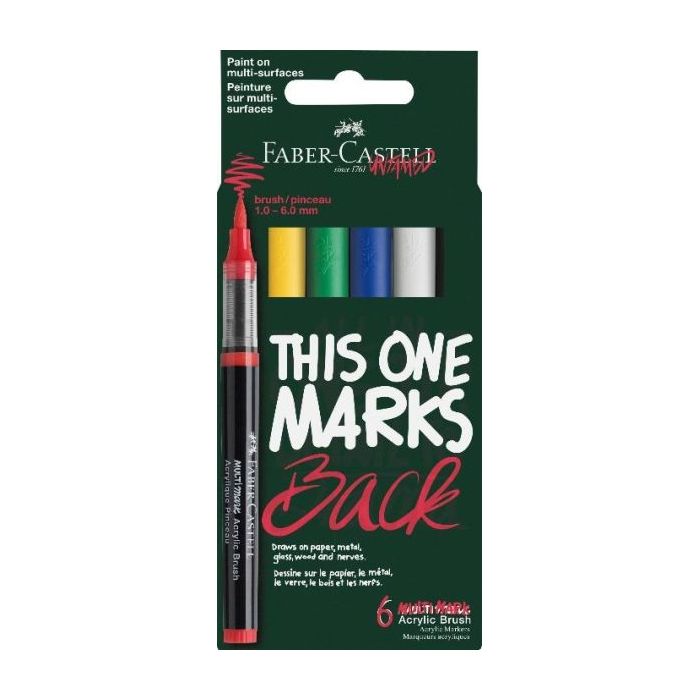 Faber-Castell Multimark Acrylic Brush Pack con 6 Rotuladores Acrilicos Punta Pincel - Trazo de 1 a 6mm - Tinta Acrilica a Base d