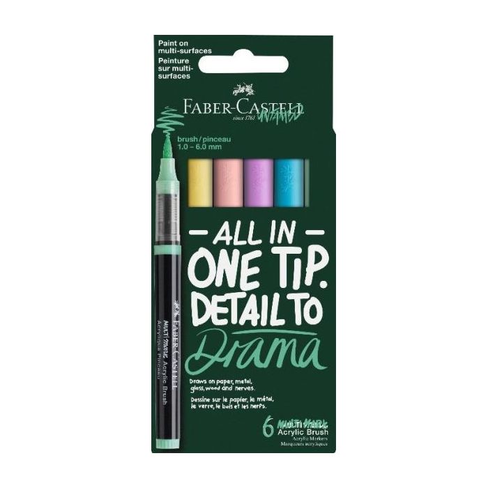 Faber-Castell Multimark Acrylic Brush Pack con 6 Rotuladores Acrilicos Punta Pincel - Trazo de 1 a 6mm - Tinta Acrilica a Base d
