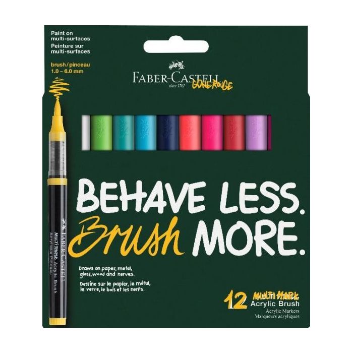 Faber-Castell Multimark Acrylic Brush Dopamin Pack con 12 Rotuladores Acrilicos Punta Pincel - Trazo de 1 a 6mm - Tinta Acrilica