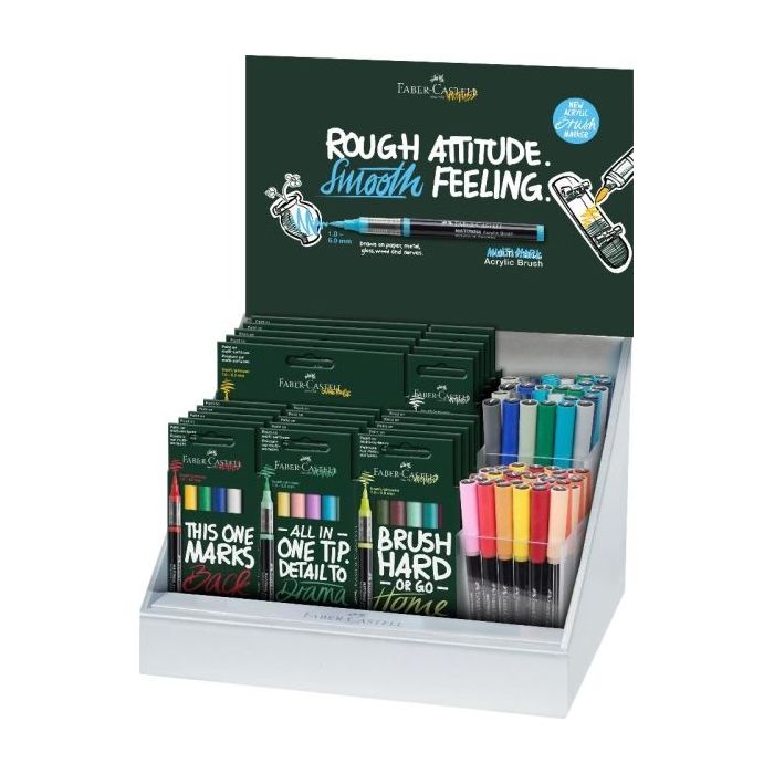 Faber-Castell Multimark Acrylic Brush Expositor con 25 Packs Surtidos de Rotuladores Acrilicos Punta Pincel + 70 Unidades Suelta