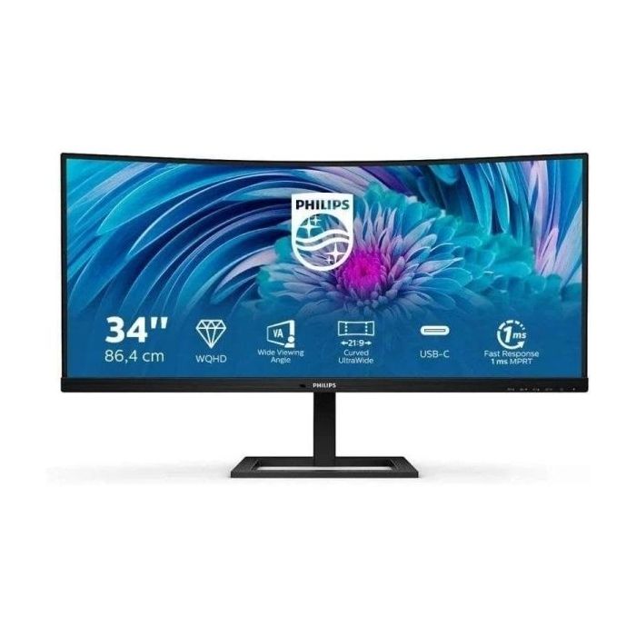 Philips E Line 346E2CUAE/00 Monitor 34  LED Curvo WQHD+ 100Hz FreeSync Premium - Respuesta 1ms - Altavoces 10W - Ajustable en Al