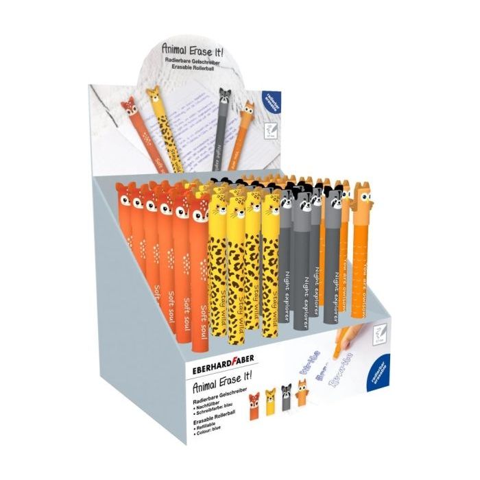 Eberhard Faber Animal Erase It! Expositor con 36 Boligrafos Borrables - Trazo 0.7mm - Capuchon con Formas de Animales - Tacto So