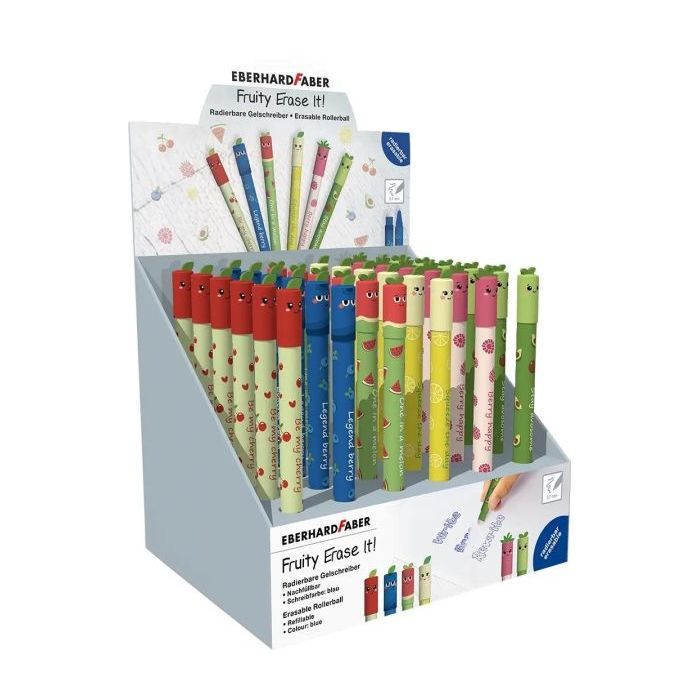 Eberhard Faber Fruity Erase It! Expositor con 36 Boligrafos Borrables - Trazo 0.7mm - Capuchon con Formas de Frutas - Tacto Soft
