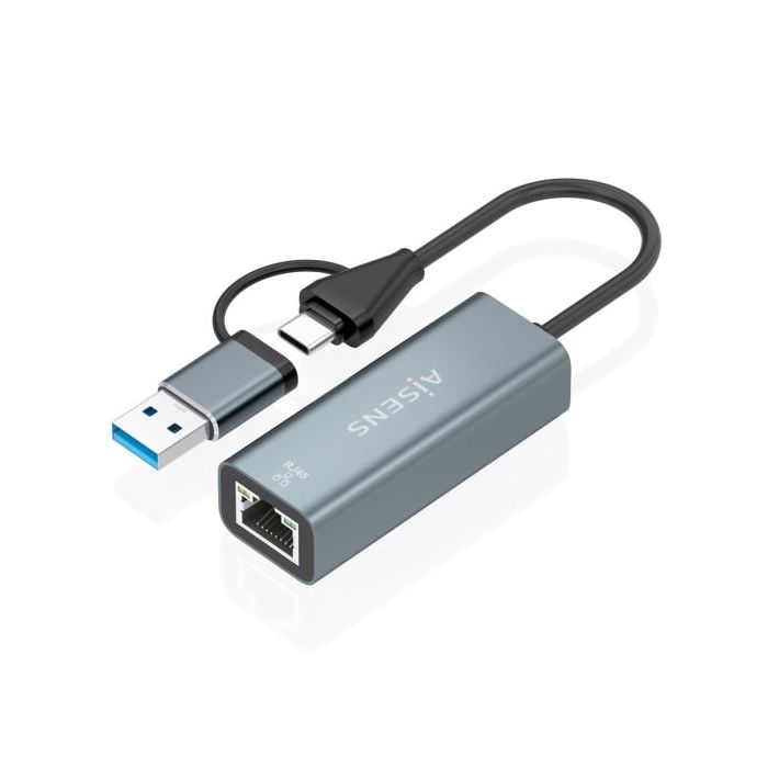 Aisens Conversor USB3.2 Gen1 + USB-C a Ethernet Gigabit 10/100/1000 Mbps - 15cm - Color Gris