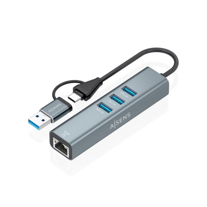 Aisens Conversor USB3.2 Gen1 + USB-C a Ethernet Gigabit 10/100/1000 Mbps - Hub 3xUSB3.0 - 15cm - Color Gris
