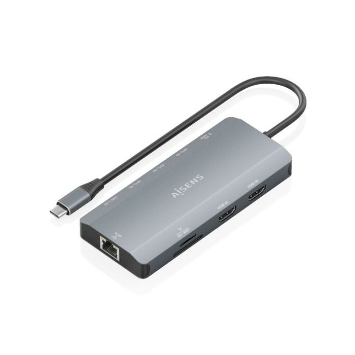 Aisens USB-C Dock 12 en 1 - USB-C a 2xHDMI - 1xRJ45 - 3xUSB-A - 1xUSB-C - 1xUSB-C PD 100W - 1xSD - 1xMicroSD - 20cm - Color Gris