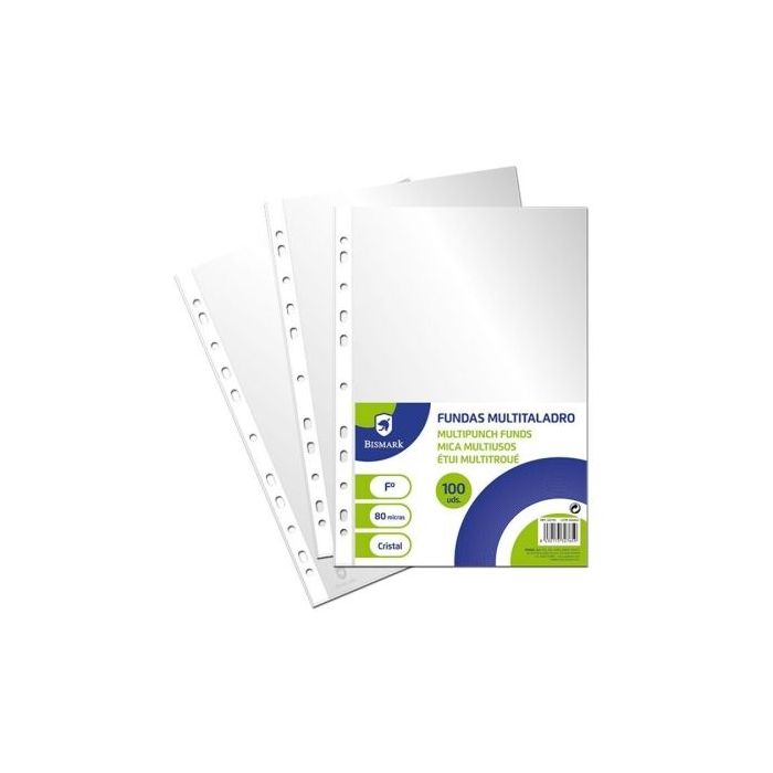 Bismark Pack de 100 Fundas Multitaladro Tamaño Folio 80 Micras - Acabado en Cristal - Ideal para Carpetas con Mecanismo de Anill