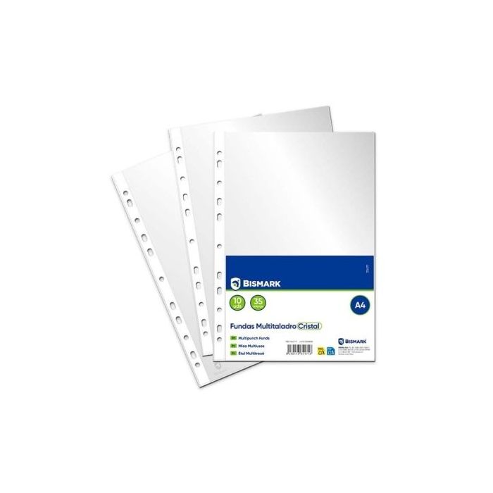 Bismark Pack de 10 Fundas Multitaladro Tamaño A4 35 Micras - Acabado en Cristal - Ideal para Carpetas con Mecanismo de Anillas