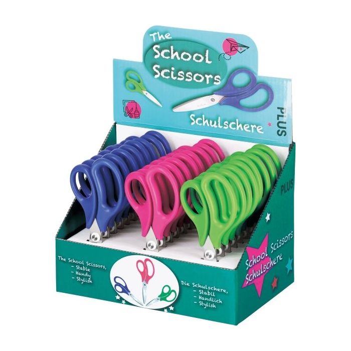 Plus Expositor con 24 Tijeras Escolares 14.5cm - Punta Redondeada - Ergonomicas - Colores Surtidos