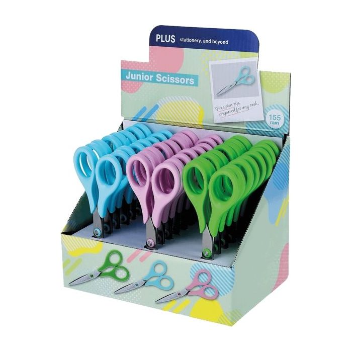 Plus Junior Expositor con 24 Tijeras Escolares 15.5cm - Punta Ligeramente Redondeada - Colores Surtidos