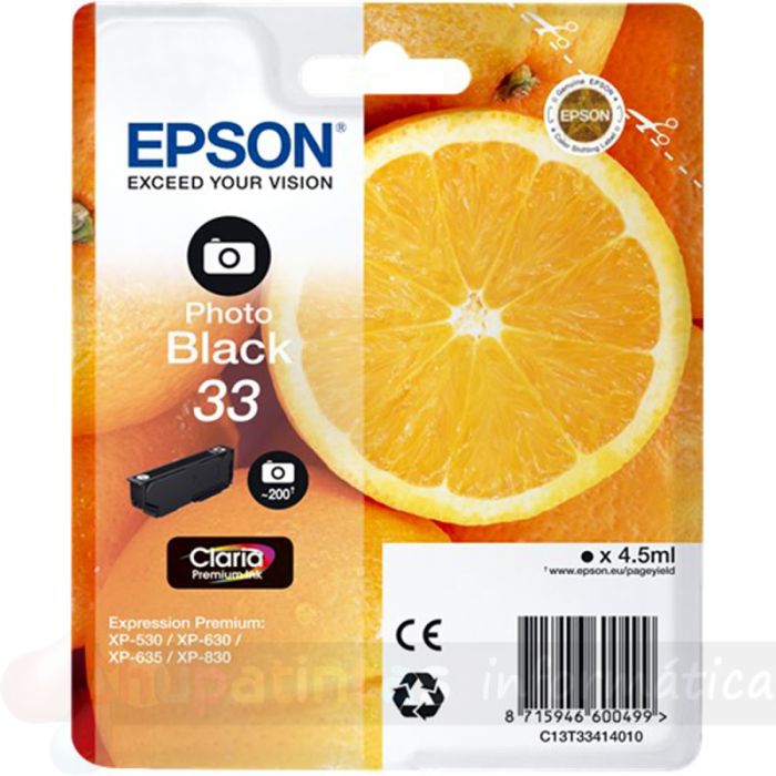 Epson T3341 (33) Negro Fotográfico Cartucho de Tinta Original - C13T33414012