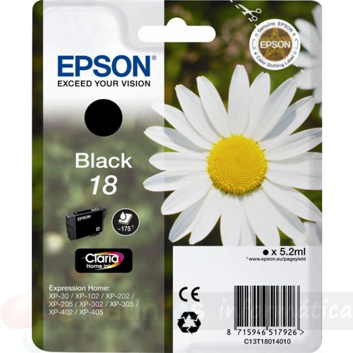 Epson T1801 (18) Negro Cartucho de Tinta Original - C13T18014012