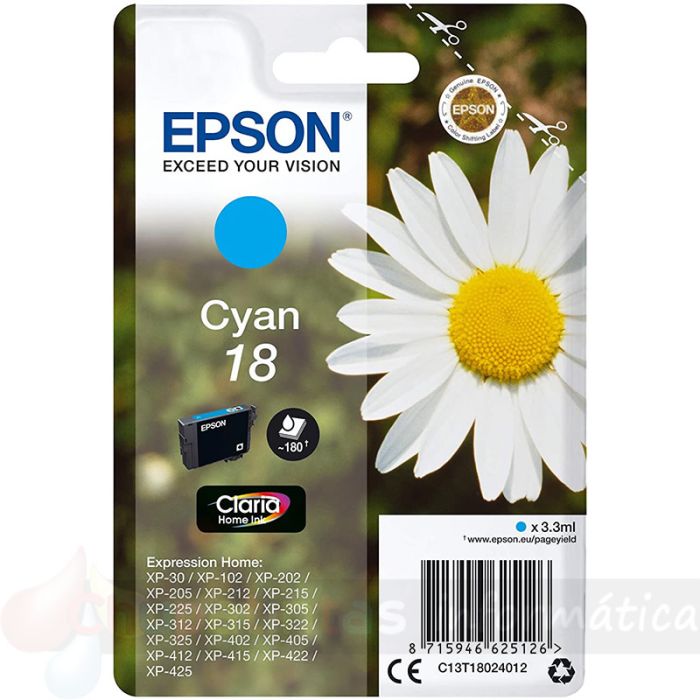 Epson T1802 (18) Cian Cartucho de Tinta Original - C13T18024012