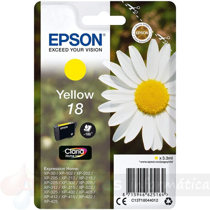 Epson T1804 (18) Amarillo Cartucho de Tinta Original - C13T18044012