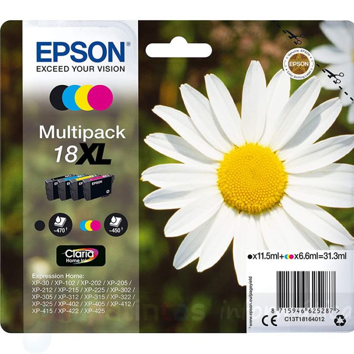 Epson T1816 (18XL) Pack de 4 Cartuchos de Tinta Originales - C13T18164012
