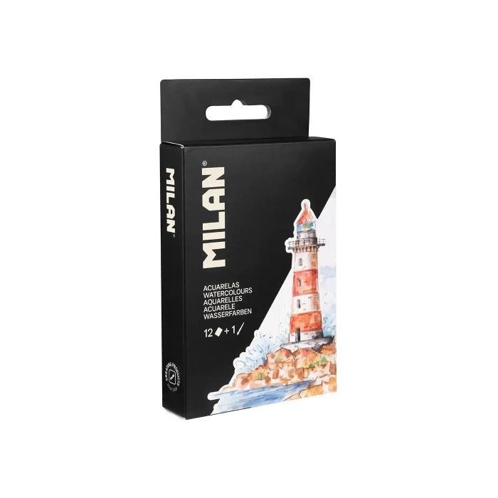 Milan Art Estuche Metalico de 12 Acuarelas + Pincel de Agua + Esponja Limpiadora + Paleta para mezclar - Formato de Viaje - Colo
