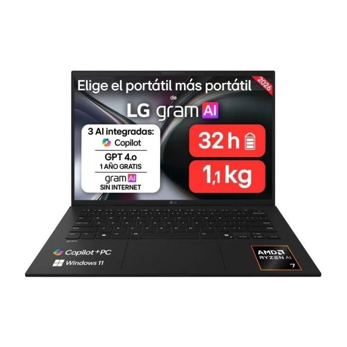 LG Gram 14Z95U-G.AU85BN Portatil 14  AMD Ryzen AI 7 450 - 32GB DDR5 - 512GB SSD - Windows 11 Home - Color Negro - Teclado QWERTY