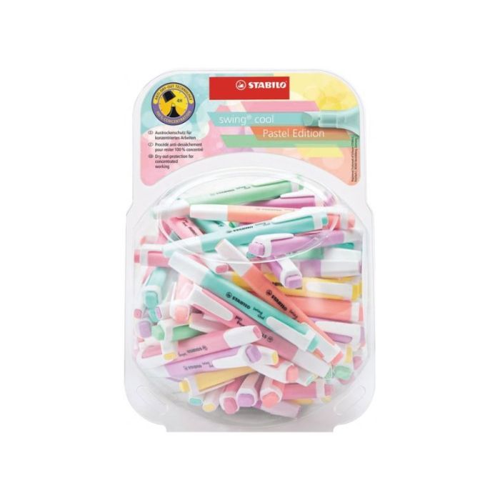Stabilo Swing Cool Pastel Expositor de 100 Marcadores Fluorescentes - Cuerpo Plano - Punta Biselada - Trazo entre 1 y 4mm - Tint