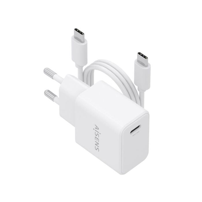 Aisens Cargador Gan 20W - 1xUSB-C PD3.0 - Cable USB-C 1m - Color Blanco