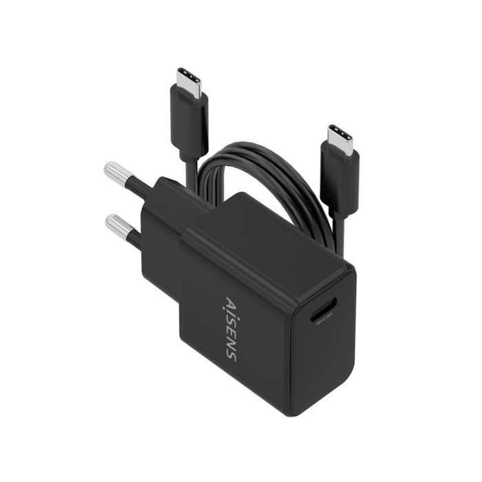 Aisens Cargador Gan 20W - 1xUSB-C PD3.0 - Cable USB-C 1m - Color Negro