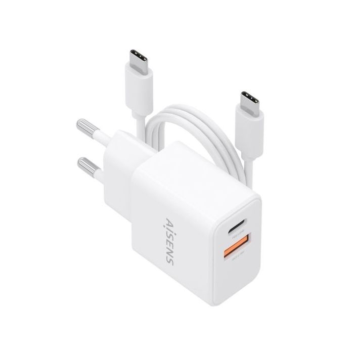 Aisens Cargador Gan 20W - 1xUSB-C PD3.0 - 1xUSB-A QC3.0 - Cable USB-C 1m - Color Blanco