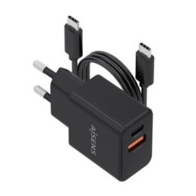 Aisens Cargador Gan 20W - 1xUSB-C PD3.0 - 1xUSB-A QC3.0 - Cable USB-C 1m - Color Negro
