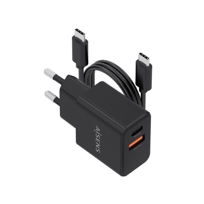Aisens Cargador Gan 20W - 1xUSB-C PD3.0 - 1xUSB-A QC3.0 - Cable USB-C 1m - Color Negro