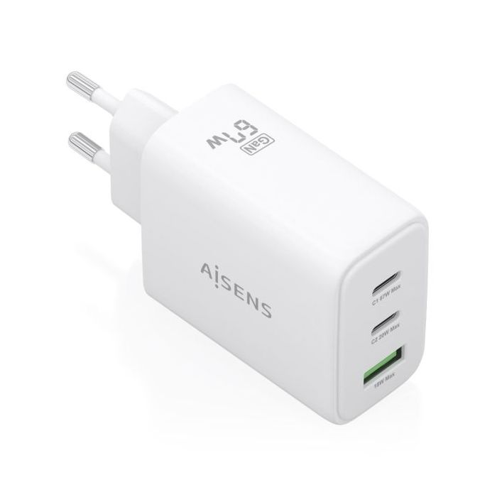 Aisens Cargador GAN 67W - 2x USB-C PD3.0 QC4.0 - 1xUSB-A QC3.0 - Color Blanco