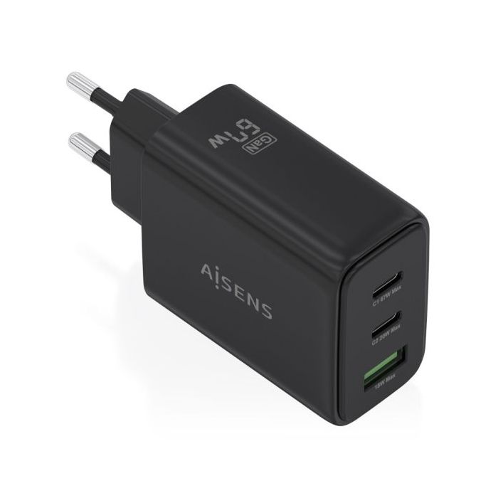 Aisens Cargador GAN 67W - 2x USB-C PD3.0 QC4.0 - 1xUSB-A QC3.0 - Color Negro