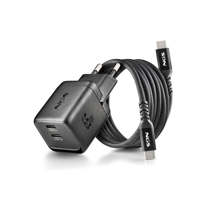 NGS Bud 65W-C Nano Cargador GaN Universal de Pared 65W Ultrarapido - 2x USB-C PD3.0 PPS - Color Negro
