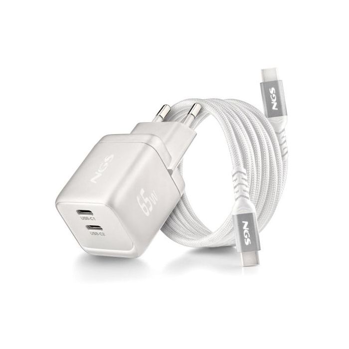 NGS Bud 65W-C Nano Cargador GaN Universal de Pared 65W Ultrarapido - 2x USB-C PD3.0 PPS - Color Blanco